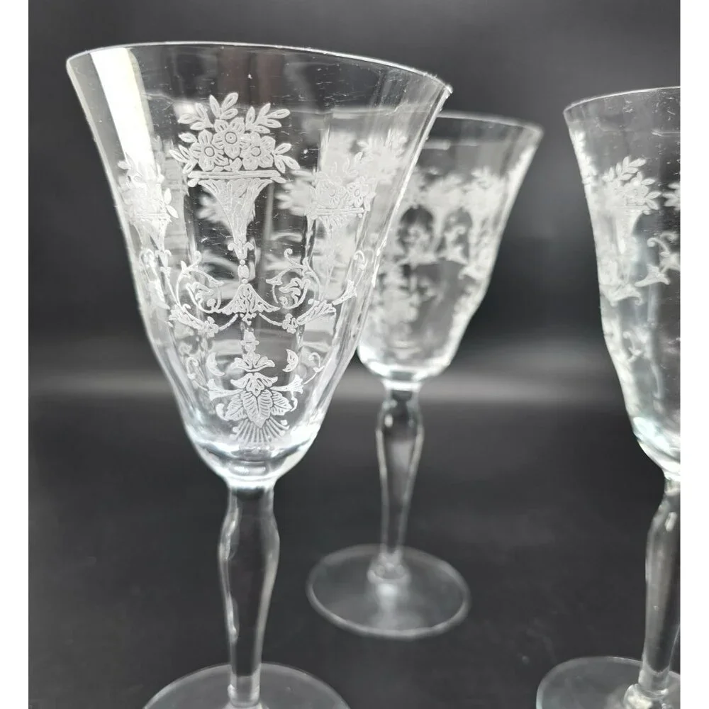 Vintage Morgantown Mayfair Etched Crystal Wine Glasses Set Of 3 Floral JJ3953